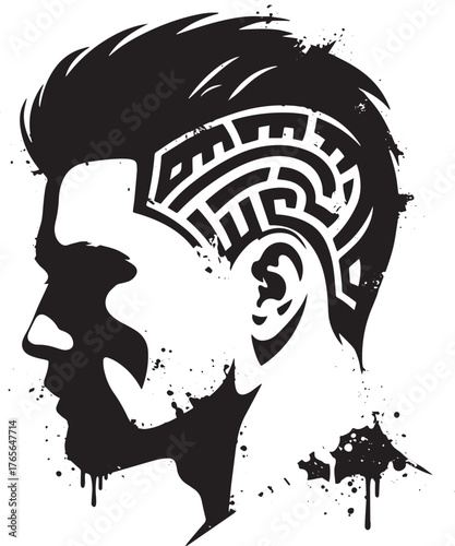 Monochrome conceptual portrait of a man with maze pattern symbol