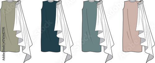 Sleeveless women's top fashion flats, featuring an integrated draped scarf in four distinct colorways, ideal for contemporary apparel design and technical drawing concepts