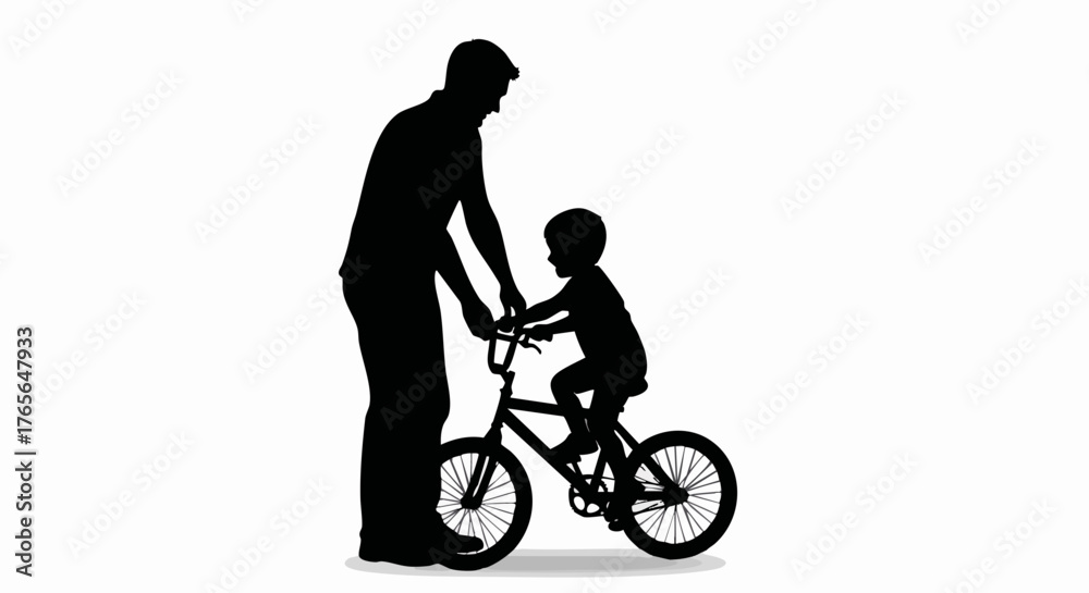 Fototapeta premium Black silhouette of a dad teaching his child to ride a bike. Fatherhood and family bonding concept. Minimalist vector illustration isolated on white background
