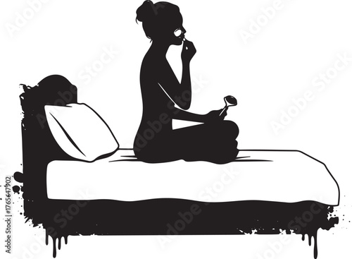 Silhouette beauty ritual: a woman applying skincare on the bed i