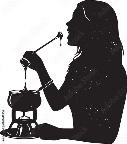 Elegant silhouette of a woman enjoying chocolate fondue with cel