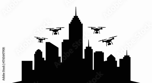 Drones flying over a city skyline silhouette. Future technology and delivery service concept. Minimalist black and white vector illustration