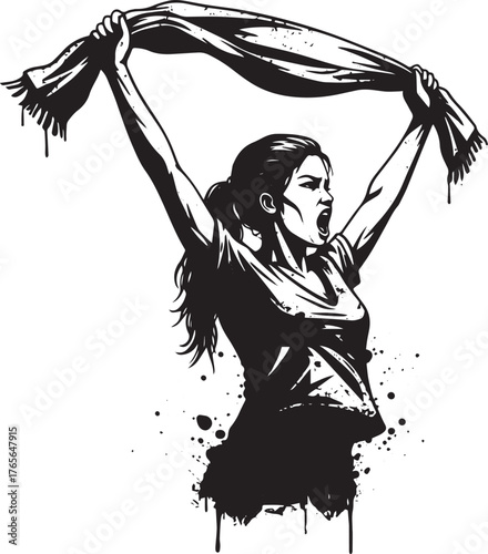 Passionate fan celebrating a victory with raised scarf in monoch