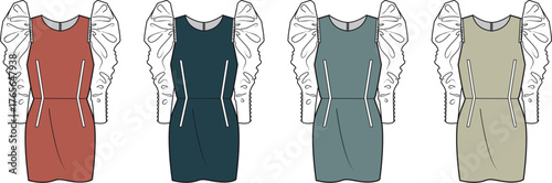Women's fashion design technical flat illustration of a puff sleeve midi dress. Vector template set showing four different colorways for apparel manufacturing