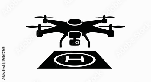 Drone quadcopter landing on a helipad icon. Black silhouette vector illustration. Unmanned aerial vehicle technology symbol
