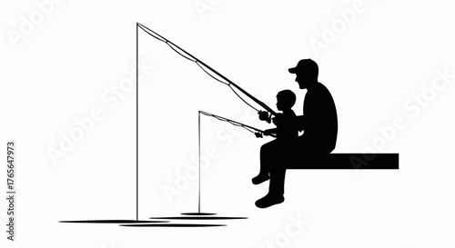 Black silhouette of a father and son fishing together. Family bonding and fatherhood concept. Minimalist vector graphic isolated on a white background