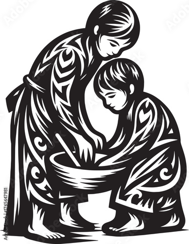 Intricate black and white illustration depicting a mother and ch