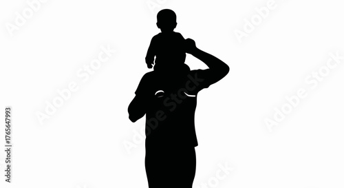 Black silhouette of a father carrying a child on his shoulders. Family love and Father's Day concept. Minimalist vector illustration