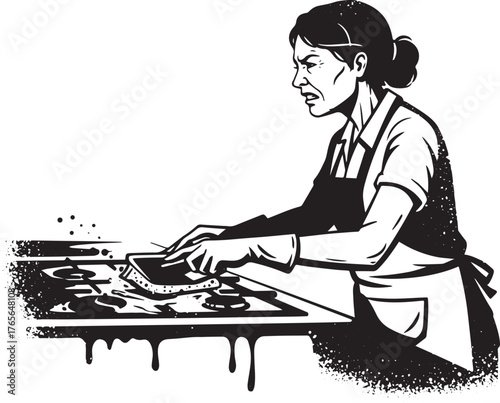 Monochromatic depiction of a woman aggressively cleaning a dirty