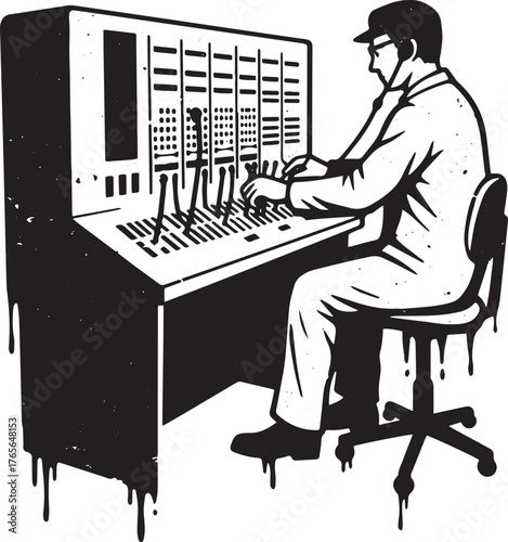 Illustrative portrayal of a man working on vintage mainframe com