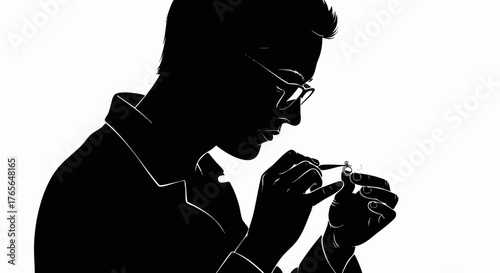 Black silhouette of a jeweler working on a ring. Vector illustration of a craftsman focused on precision work. Minimalist graphic for a jewelry repair or appraisal service