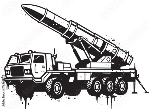Striking monochrome illustration featuring a mobile missile laun
