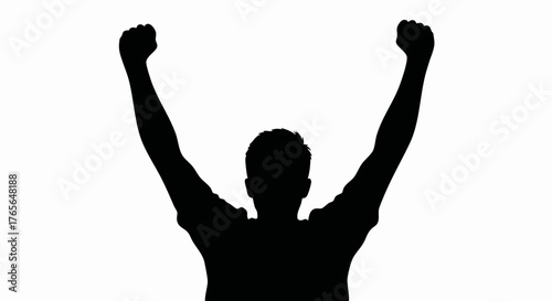 Silhouette of a winner with arms raised in victory. Fan celebration or triumphant player concept. Black vector graphic isolated on a white background