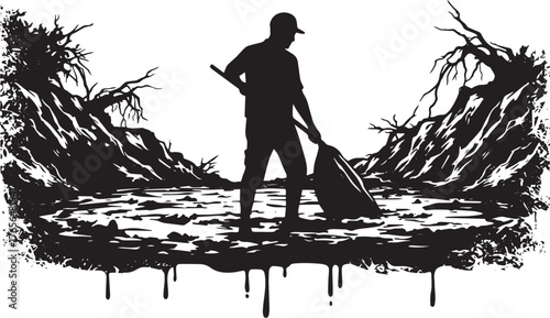 Silhouette man collects debris with a net in a damaged, polluted
