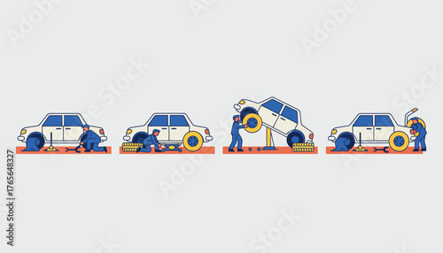 Mechanic jacking up car to remove flat tire and install spare, showing step by step roadside or workshop repair with jack, wrench and safety precautions