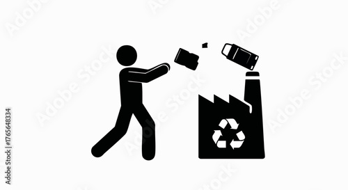 Silhouette icon of a person throwing a car into a recycling factory. Environmental concept of automotive and industrial waste disposal. Minimalist flat vector illustration