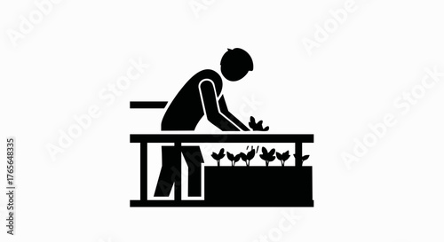 Silhouette icon of a person gardening on a balcony. Urban gardening and horticulture concept. Minimalist flat vector illustration