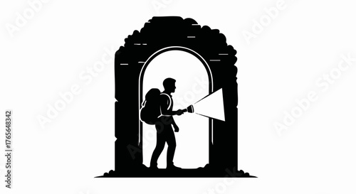 A black silhouette of an explorer with a flashlight entering a ruined archway. Vector icon for adventure, exploration, and discovery. Minimalist graphic isolated on a white background.