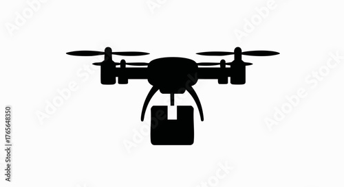 Drone delivery icon. Black silhouette of a quadcopter carrying a package. Modern logistics and shipping vector illustration