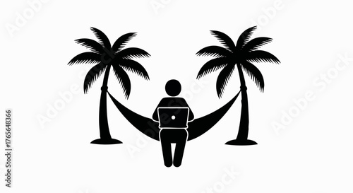 Black silhouette of a person with a laptop sitting in a hammock. Digital nomad and remote work concept. Minimalist flat vector icon