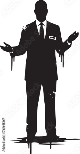 Silhouette of suited figure dripping ink, promoting civic engage