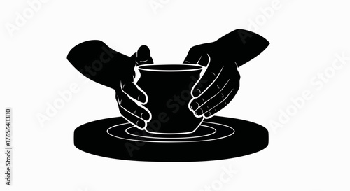 Black silhouette of a potter's hands shaping clay on a wheel. Minimalist vector icon for ceramics and handmade crafts. Artisan craftsmanship logo concept