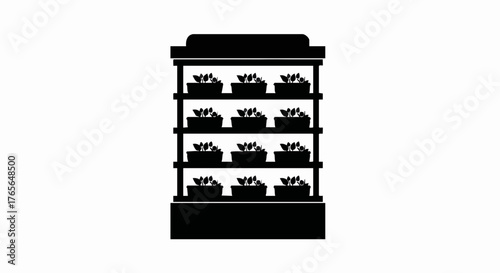 Vertical farming rack silhouette icon. Hydroponic system with growing plants. Minimalist vector illustration for agritech and sustainable agriculture