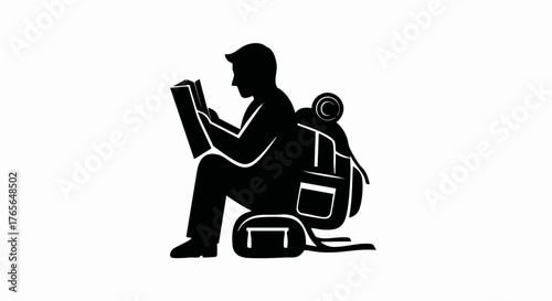 Black silhouette icon of a traveler sitting and reading a map. Backpacker and hiker adventure concept. Minimalist vector illustration