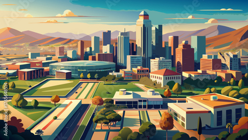 Very beautiful aerial view of the downtown Irvine, California skyline, showcasing modern glass buildings, wide boulevards, and green landscapes under clear blue skies, symbolizing innovation and South