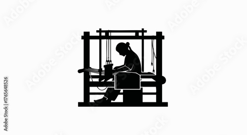 Black silhouette of a weaver working at a traditional loom. Vector icon of a textile artisan. Minimalist craft and handmade industry symbol
