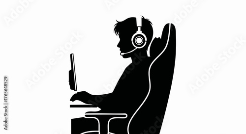Black silhouette of a young person in a high tech gaming chair. Esports player vector illustration for streaming and online games