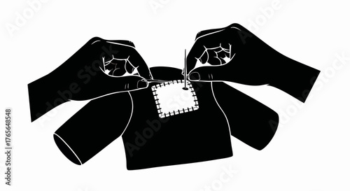 Black silhouette of hands sewing a patch onto clothing. Vector illustration of a mending and repair concept. Minimalist graphic icon for DIY and crafts