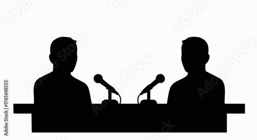 Silhouette of two people in an interview or debate. Press conference or podcast concept with microphones. Minimalist black and white vector icon