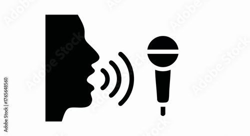 Voice and microphone icon for sound recording. Simple flat silhouette of a person speaking. Podcast, broadcast, and speech vector symbol