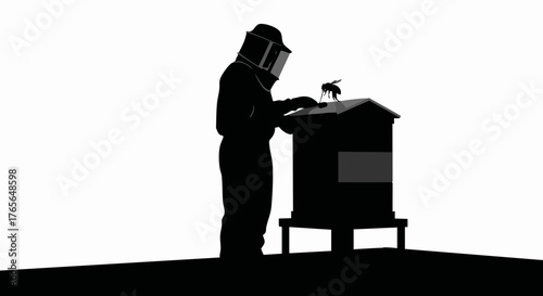 Black silhouette of a beekeeper in a protective suit with a beehive. Apiculture and honey farming concept. Minimalist vector illustration