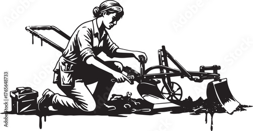 Woman Mechanic Fixing Vintage Farm Equipment with Precision and