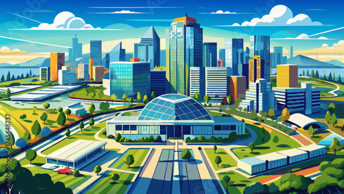 Very beautiful aerial view of the downtown Irvine, California skyline, showcasing modern glass buildings, wide boulevards, and green landscapes under clear blue skies, symbolizing innovation and South