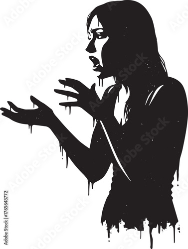 Distressed woman silhouette with dripping ink effect in expressi