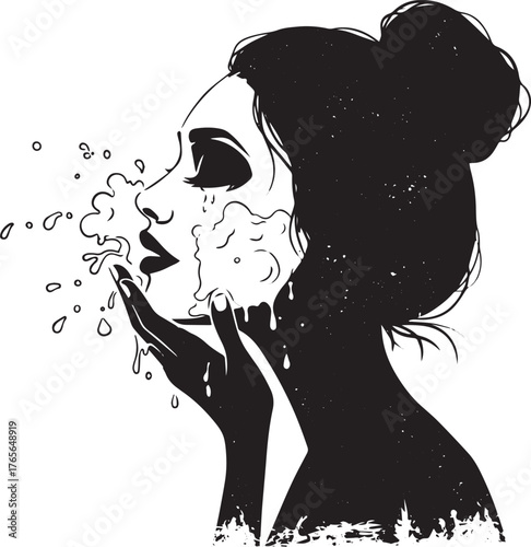 Monochromatic artwork of a woman washing her face with clean wat
