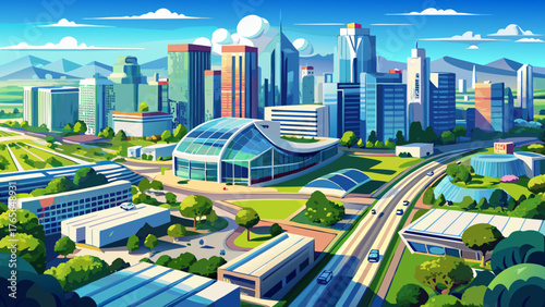 Very beautiful aerial view of the downtown Irvine, California skyline, showcasing modern glass buildings, wide boulevards, and green landscapes under clear blue skies, symbolizing innovation and South