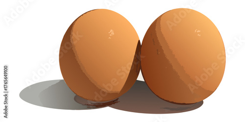 A high-resolution, realistic image of two fresh brown chicken eggs placed on a clean white surface. The eggs have smooth, slightly matte shells with subtle natural imperfections and gentle highlights 