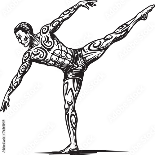 Abstract stylized illustration of a man balancing with intricate