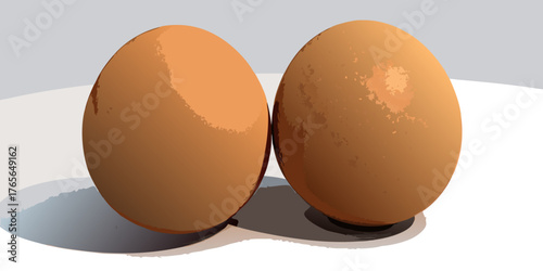 A high-resolution, realistic image of two fresh brown chicken eggs placed on a clean white surface. The eggs have smooth, slightly matte shells with subtle natural imperfections and gentle highlights 