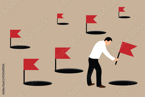 Business Man Placing a Flag into a Hole to Mark Obstacle. White collar workers and activities, overcoming difficulties vector