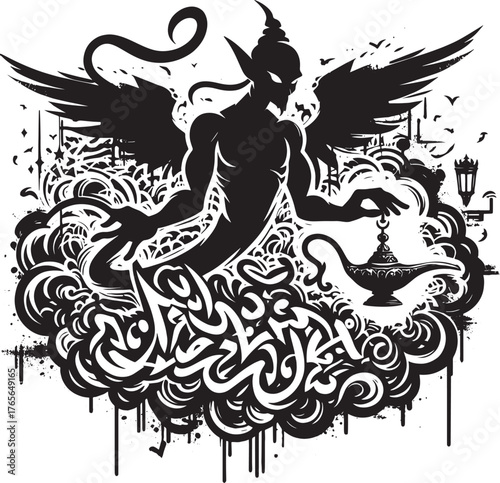 Black and white illustration of a genie with wings hovering over