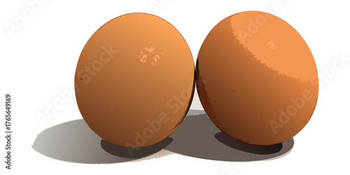 A high-resolution, realistic image of two fresh brown chicken eggs placed on a clean white surface. The eggs have smooth, slightly matte shells with subtle natural imperfections and gentle highlights 