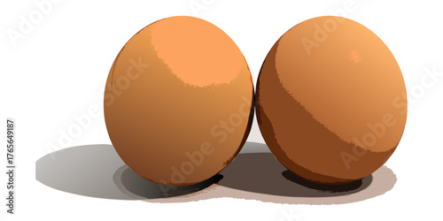 A high-resolution, realistic image of two fresh brown chicken eggs placed on a clean white surface. The eggs have smooth, slightly matte shells with subtle natural imperfections and gentle highlights 