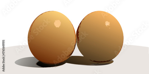 A high-resolution, realistic image of two fresh brown chicken eggs placed on a clean white surface. The eggs have smooth, slightly matte shells with subtle natural imperfections and gentle highlights 