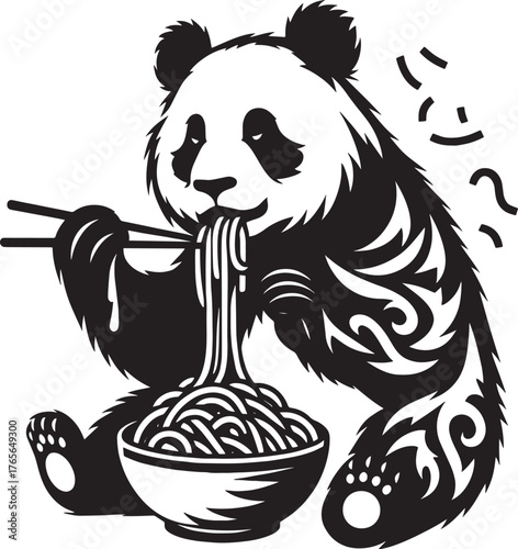 A Black and White Panda Enjoying Noodles with Chopsticks in a De