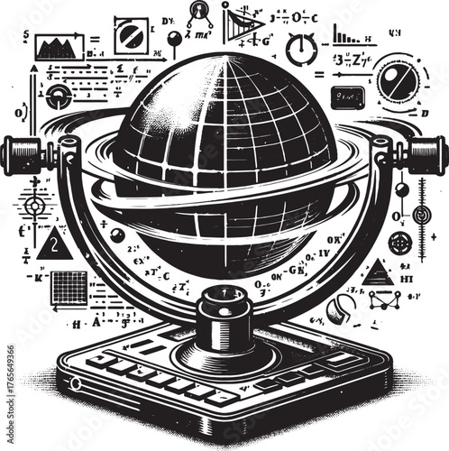 Detailed illustration of a globe within a scientific apparatus w